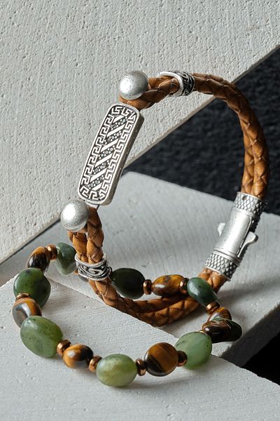 Ssilhoutte Doğaltaş Genuine Leather Brass Bracelet - Tiger Eye with Jade and Hematite Detail