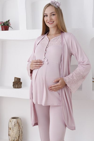 ERDENİZ TEKSTİL Long Sleeve 7 Colors Maternity Sleepwear & Dressing Gown Set with Lace/Slipper and Crown Gift
