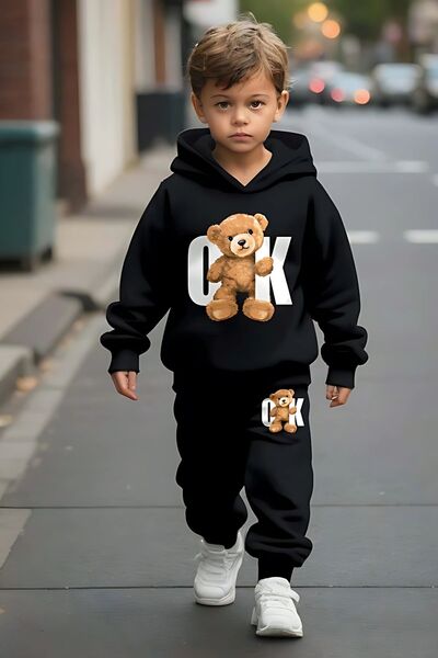 han elegant Set de trening pentru copii cu glugă cu imprimeu ursuleț