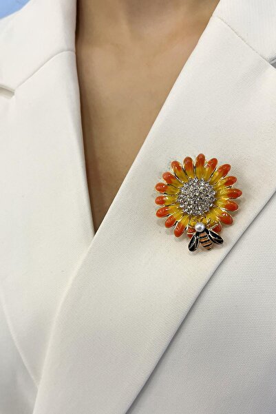 Modex Ay Çiçeği Taşlı Arı Detaylı Broş (3cm)