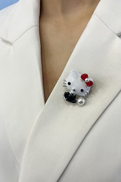 Modex Gümüş Rengi Mineli İnci Detaylı Kedi Broş (3cm)