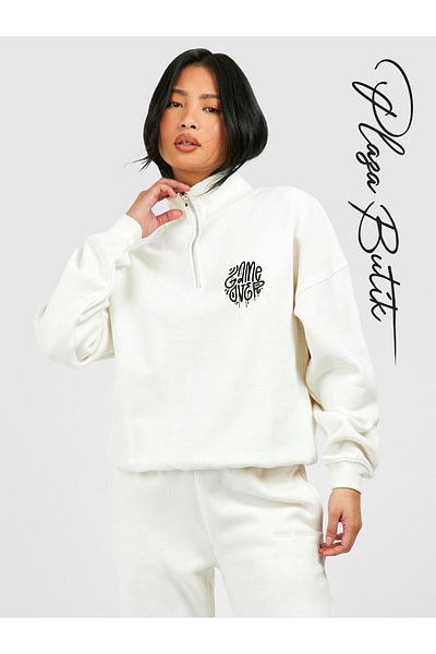 Plaza Butik Women's Relaxed Fit Oversize Cotton Fleece Inside Half Zipper Stand Collar Game over Printed Sweatshirt
