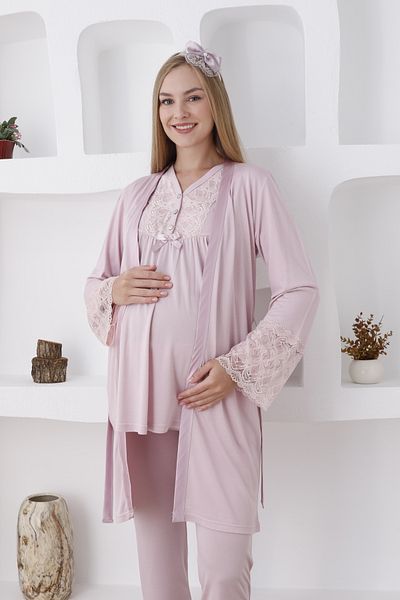 ERDENİZ TEKSTİL Long Sleeve Laced Pajamas Set - Button Collar, Dressing Gown, 3-Piece Set