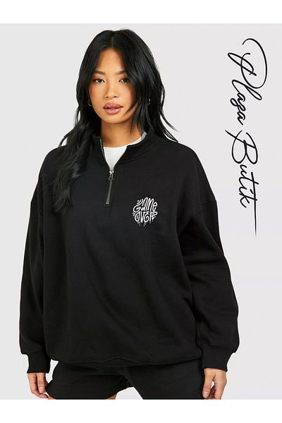 Plaza Butik Women's Relaxed Fit Oversize Cotton Fleece Inside Half Zipper Stand Collar Game over Printed Sweatshirt