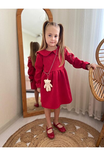YARENKİDS Red Suede Girls' Dress and Teddy Bear Accessory - New Year/New Year/Crescent