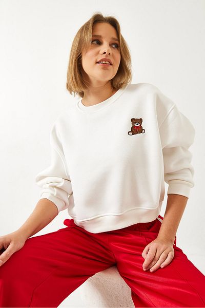 Bianco Lucci Women's Three Thread Raised Teddy Bear Embroidered Sweatshirt 60261160