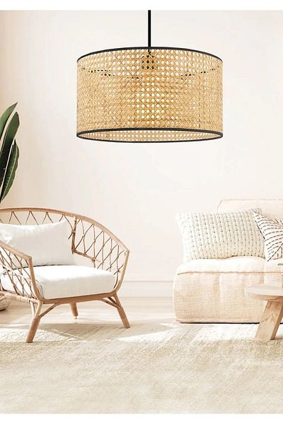 Emg DesiGn Natural Hazeran Rattan Cylinder Cake Pendant Lamp Chandelier Kids Room Bedroom Living Room Kitchen Hall
