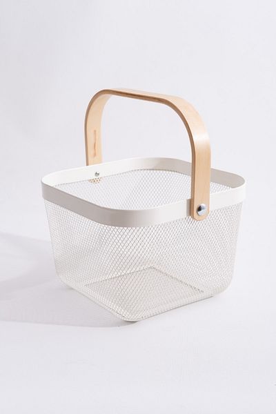 Rafiste White Metal - Multi-Purpose Organizing Storage Basket with Wooden Handle