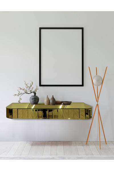 ERGLASS CAM 95x15cm **gold Ayna** Kaplı Dresuar Raf Çekmeceli Duvara Monte Dr...