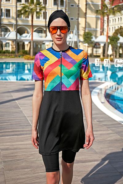 Remsa Mayo Ημίκλειστο κοντομάνικο μαγιό Lycra καλσόν - R5001 Tetris