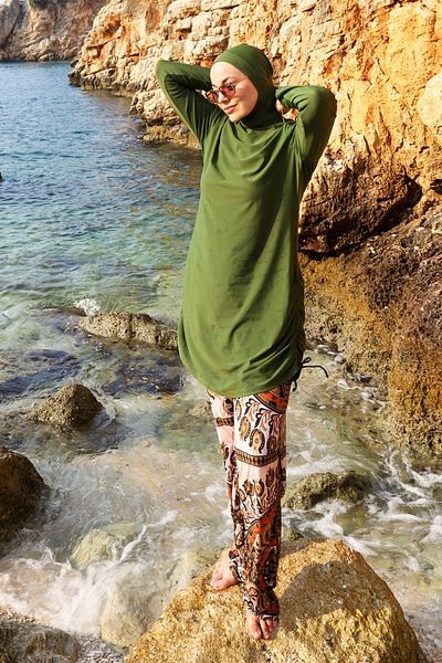 Remsa Mayo Χακί Μαγιό Hijab - Lycra, Πλήρως καλυμμένο, Φαρδύ πόδι, Μοντέλο 900-303
