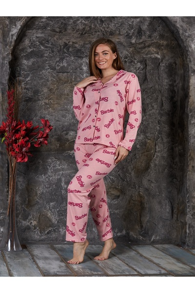 Barbie Σετ γυναικεία πιτζάμες με εμπριμέ μπροστινό μακρυμάνικο κουμπί