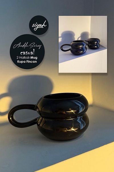 Anadolu Saray Handmade Ceramic Black 2 Ring Handmade Mug Mug Cup Design Mug Mug Cup - 1 Pc