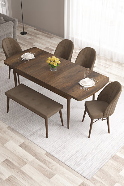 Canisa Roz Serisi,80x132 Mdf Açılabilir Barok Ahşap Desen Masa Takımı 4 Kahverengi Sandalye Ve 1 Bench