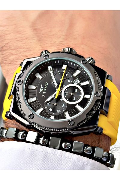 FERRO Yellow Color Silicone Cord Functions Active Men Wrist Watch+Bracelet