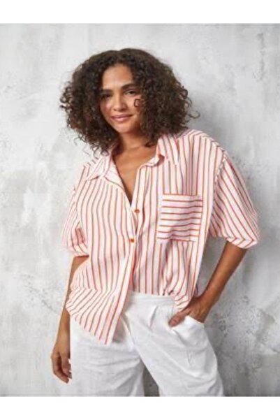 Butik Turuncu Beyaz Çizgili Büyük Cep Detaylı Oversize Tasarım Gömlek