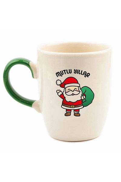 PALTO TASARIM Happy New Year Santa Claus Colorful Handle Cream Shiny Oval Mug No:7- Christmas Themed Mug
