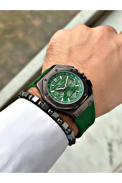 FERRO Green Color Function Steel Case Silicone Sports Men's Wrist Watch+Bracelet