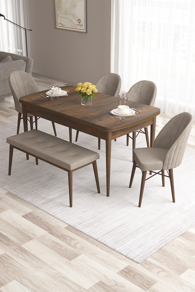 Canisa Roz Serisi,80x132 Mdf Açılabilir Barok Ahşap Desen Masa Takımı 4 Cappu...