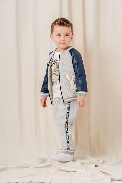 ZİMBOO Rabbit Embroidered Quilted Baby Boy Cardigan 3-Piece Set
