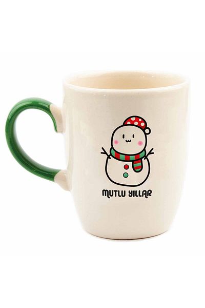 PALTO TASARIM Snowman Colored Handle Cream Shiny Oval Mug No:15- Christmas Themed Mug