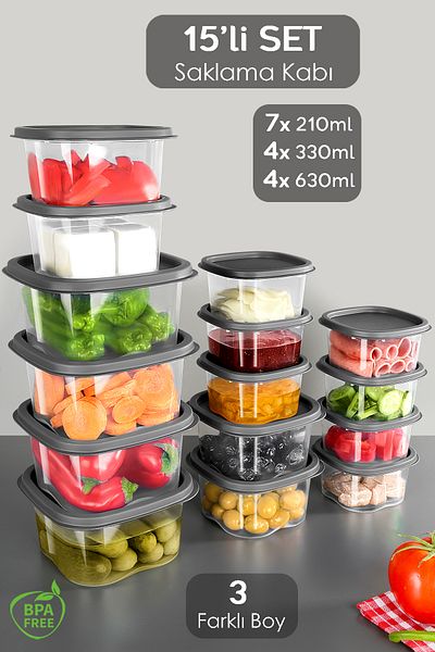 Meleni Home Microwave Food Storage Set of 15 - Food Square Pattern, Anthracite Color, Suitable for Deep Freezer