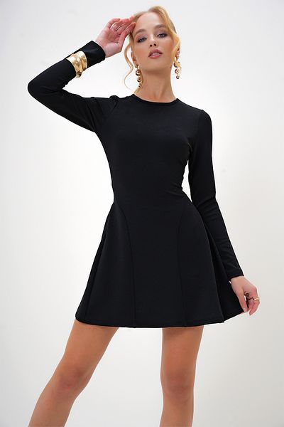 khar Rochie mini evazată pentru femei, neagră, cu cusături la gât ALC-X10883