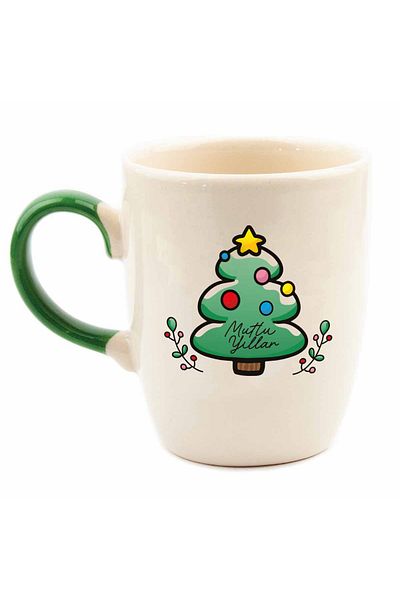 PALTO TASARIM Christmas Tree Colored Handle Cream Shiny Oval Mug No:2- Christmas Themed Mug