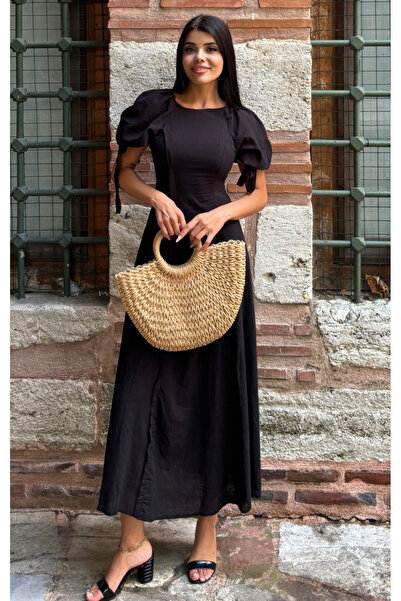 Angel Mia فستان من الكتان الأسود - تصميم بأكمام بالونية