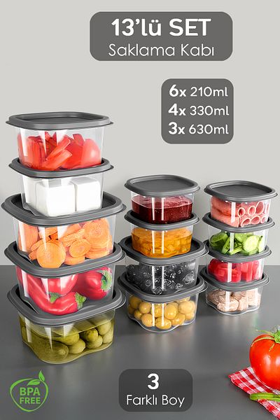 Meleni Home Set of 13 Anthracite Square Food Storage Containers - Suitable for Microwave Deep Freezer
