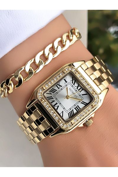 Homies Square Gold Color Original Invoiced Waterproof Women's Wrist Watch with Bracelet Gift