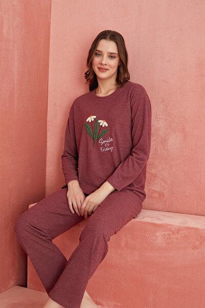 ELİTOL Set de pijamale din cașmir cu model de margarete bordeaux