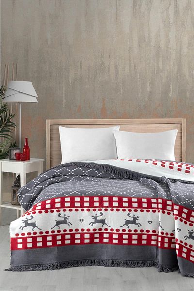 lissehome Non-Cratching Cotton Red Gray Christmas Patterned Double Blanket - 200X220 cm