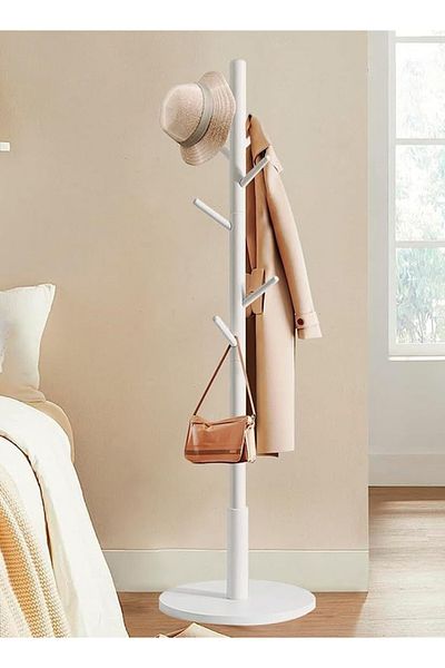 Taimi Sturdy Floor-Standing Coat Rack, Tree-Shaped, Round Base, White Color