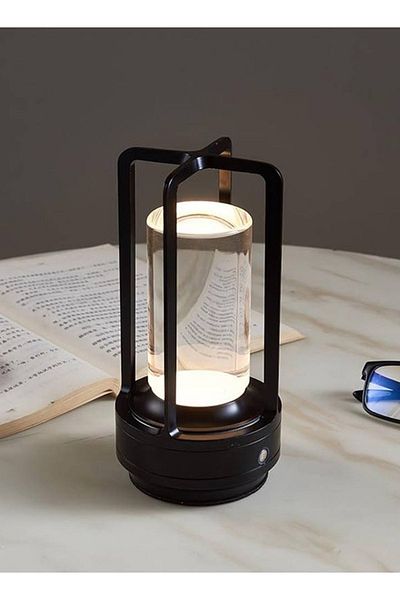 Taimi Crystal Lantern Table Lamp, Modern Wireless Rechargeable, Dimmable Night Light, Black