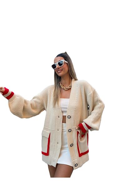 LUQ fasion Νέα γυναικεία ζακέτα με κόκκινη ρίγα τσέπης