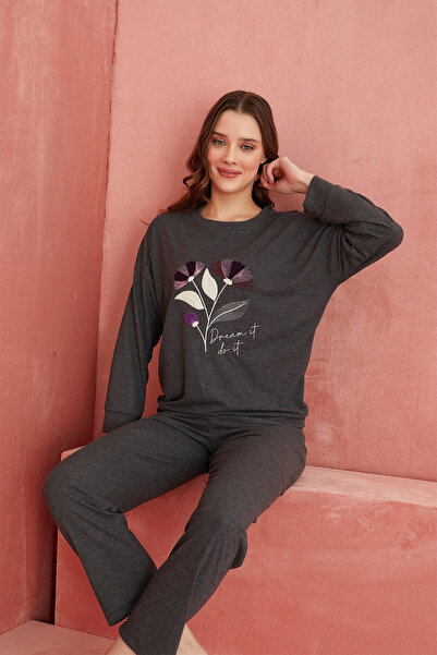 ELİTOL Set de pijamale din cașmir cu model de flori antracit
