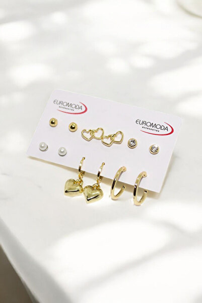 EUROMODA Kalp Tasarımlı Tektaş İnci Top ve Halka Küpeli 6lı Küpe Seti