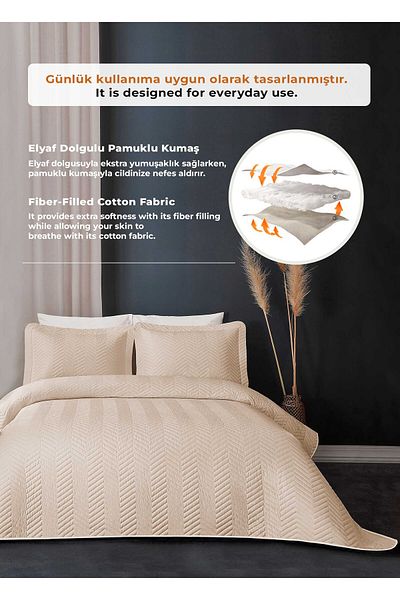 Evlen Home Collection Ross 100% Cotton Double Bedspread - Quilted Striped, Washable Beige Pique Set
