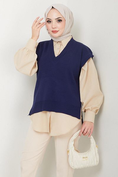 hafsamina Πλεκτό πουλόβερ Navy Blue V Neck - HM2635