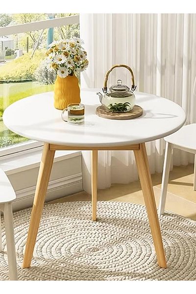 Taimi Small Round Wooden Tea Table, Sofa Side Table for Living Room/Bedroom/Balcony White 48x48x60cm