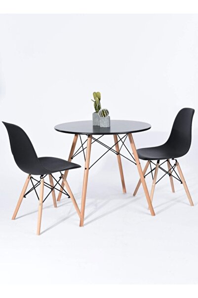 Taimi Round Black Coffee Table (80x72 cm) with 2 Black Chairs (70x40x40 cm each)