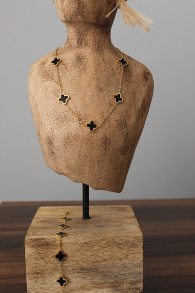 Nenya VIP Çelik Yonca Model Siyah Mineli Kolye Bileklik Set