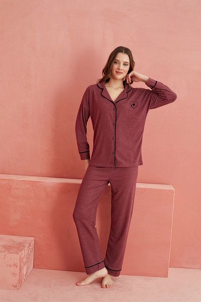 ELİTOL Costum de pijama cu nasturi din cașmir cu model de inimă burgundă