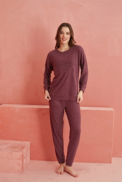 ELİTOL Mürdüm Book Desenli Kaşmir Pijama Takım