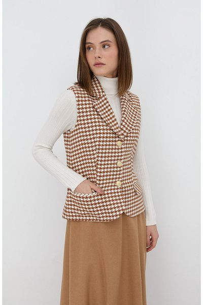 Fatma Atasoy Mocha Coffee Color Short Houndstooth Stamp Vest