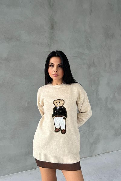HARMONY GLOBAL Tricoturi supradimensionate brodate cu ursuleț de pluș crem pentru femei Pulover cu gât crew 5205