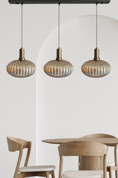 Bamyum Üçlü Elegant Cam Bal Rengi Avize Eskitme Fener Başlık Sarkıt Lamba Res...