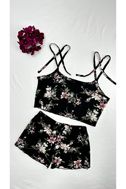 Clara Butik Kadın İp Askılı Şort Crop Gecelik Takımı Desenli Rahat Penye Takım