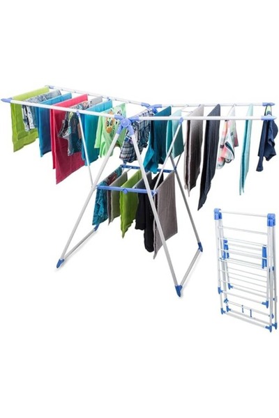Taimi 4-Tier Foldable Silver Clothes Drying Rack for Laundry Rolling White/Blue - 133L x 58H x 95W cm